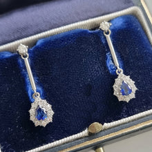 Load image into Gallery viewer, Vintage 18ct White Gold Sapphire &amp; Diamond Drop Earrings in box
