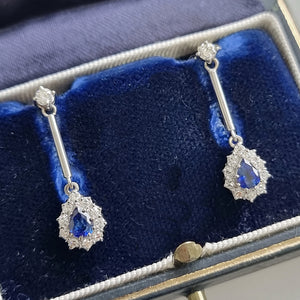 Vintage 18ct White Gold Sapphire & Diamond Drop Earrings in box