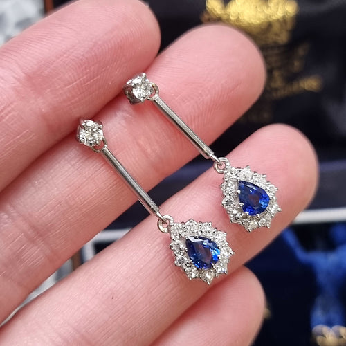 Vintage 18ct White Gold Sapphire & Diamond Drop Earrings in hand