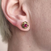 Load image into Gallery viewer, Vintage 18ct Gold Cabochon Ruby Knot Stud Earrings modelled
