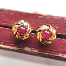 Load image into Gallery viewer, Vintage 18ct Gold Cabochon Ruby Knot Stud Earrings in box
