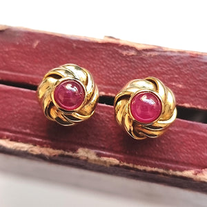 Vintage 18ct Gold Cabochon Ruby Knot Stud Earrings in box