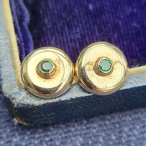 Vintage 9ct Gold Emerald Button Stud Earrings
