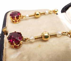 Victorian 15ct Gold Garnet & Pearl Drop Earrings