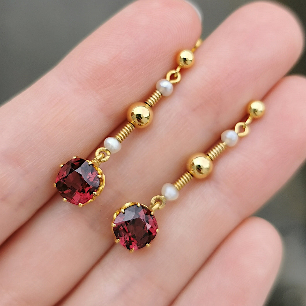 Victorian 15ct Gold Garnet & Pearl Drop Earrings