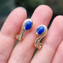 Load image into Gallery viewer, Vintage 9ct Gold Lapis Lazuli Latch Back Earrings in hand

