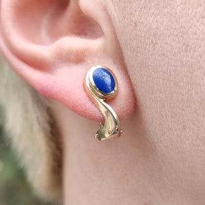 Vintage 9ct Gold Lapis Lazuli Latch Back Earrings modelled on ear