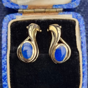 Vintage 9ct Gold Lapis Lazuli Latch Back Earrings in box