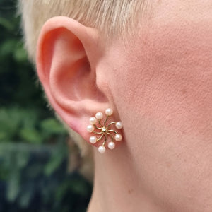 Vintage 9ct Gold Pearl Sunburst Stud Earrings modelled