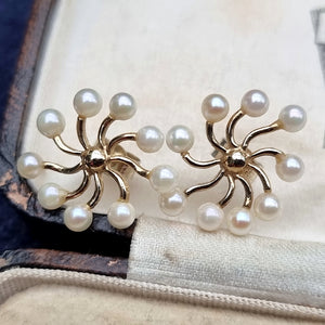 Vintage 9ct Gold Pearl Sunburst Stud Earrings in box