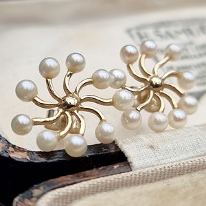 Vintage 9ct Gold Pearl Sunburst Stud Earrings in box