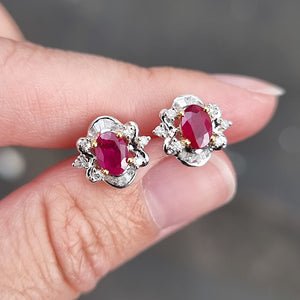 18ct White Gold Ruby & Diamond Cluster Stud Earrings in hand