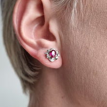 Load image into Gallery viewer, 18ct White Gold Ruby &amp; Diamond Cluster Stud Earrings in ear
