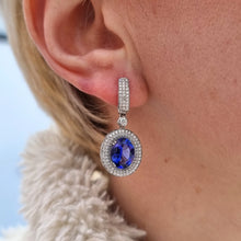 Load image into Gallery viewer, 18ct White Gold Tanzanite and Diamond Cluster Drop Earrings modelled
