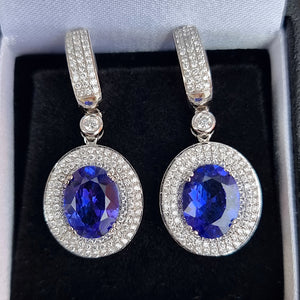 18ct White Gold Tanzanite and Diamond Cluster Drop Earrings in box