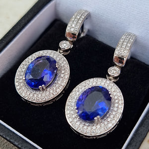 18ct White Gold Tanzanite and Diamond Cluster Drop Earrings in box