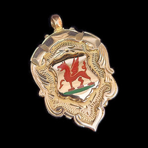 Art Deco 9ct Gold Welsh Dragon Enamel Fob Medal front