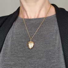 Load image into Gallery viewer, Antique 15ct Gold Pearl Heart Locket with Chain modelled
