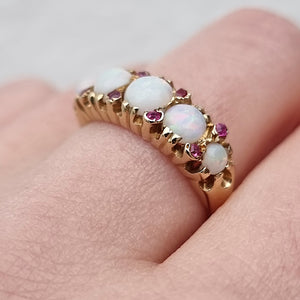 Vintage 18ct Gold Opal & Ruby Ring on finger