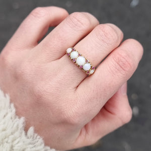 Vintage 18ct Gold Opal & Ruby Ring on finger