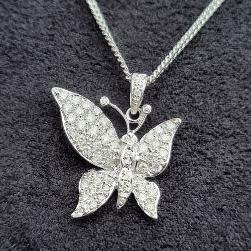 18ct White Gold Diamond Butterfly Pendant with Chain, 0.75ct front