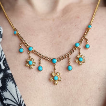 Load image into Gallery viewer, Antique 9ct Gold Turquoise and Pearl Flower Necklace with Original Box modelled
