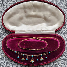 Load image into Gallery viewer, Antique 9ct Gold Turquoise and Pearl Flower Necklace with Original Box in box
