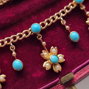 Antique 9ct Gold Turquoise and Pearl Flower Necklace with Original Box detail