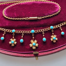 Load image into Gallery viewer, Antique 9ct Gold Turquoise and Pearl Flower Necklace with Original Box close-up
