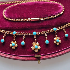 Antique 9ct Gold Turquoise and Pearl Flower Necklace with Original Box close-up