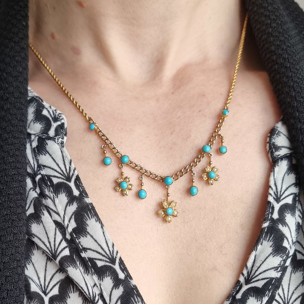 Antique 9ct Gold Turquoise and Pearl Flower Necklace with Original Box modelled