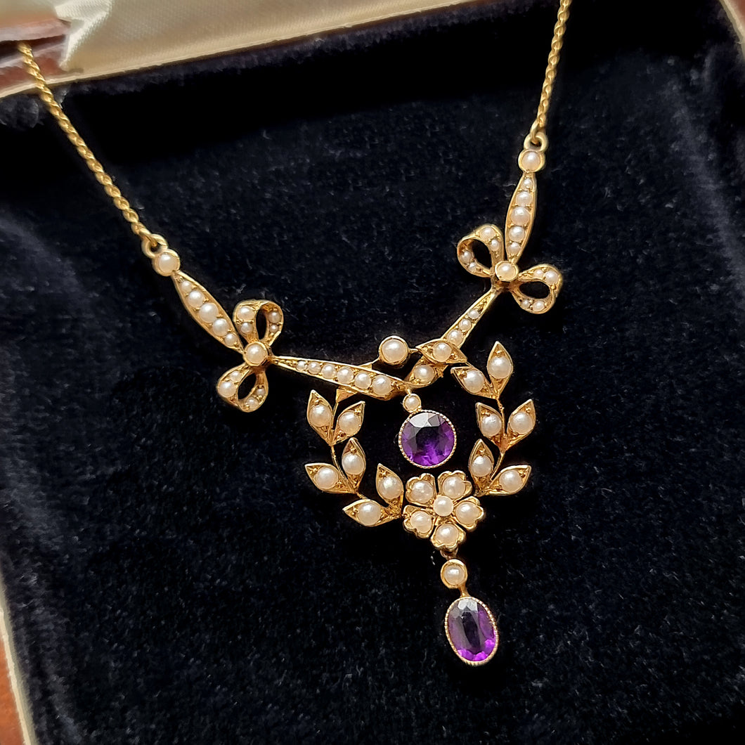 Antique Murrle Bennett 15ct Gold Amethyst & Pearl Necklace front