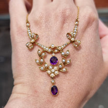 Load image into Gallery viewer, Antique Murrle Bennett 15ct Gold Amethyst &amp; Pearl Necklace in hand
