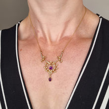 Load image into Gallery viewer, Antique Murrle Bennett 15ct Gold Amethyst &amp; Pearl Necklace modelled
