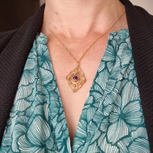 Load image into Gallery viewer, Antique 9ct Gold Amethyst &amp; Pearl Pendant with Chain modelled
