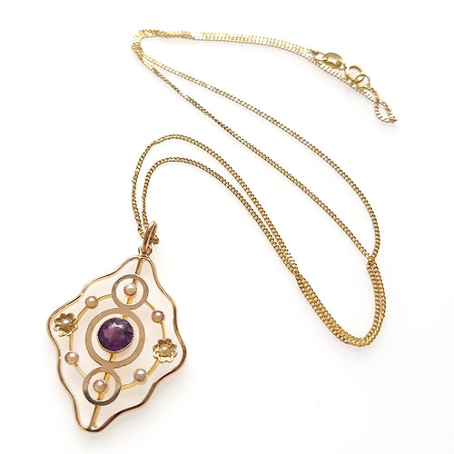 Antique 9ct Gold Amethyst & Pearl Pendant with Chain