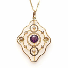 Load image into Gallery viewer, Antique 9ct Gold Amethyst &amp; Pearl Pendant with Chain
