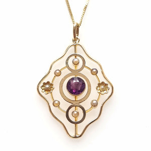 Antique 9ct Gold Amethyst & Pearl Pendant with Chain