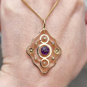 Antique 9ct Gold Amethyst & Pearl Pendant with Chain in hand