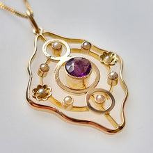 Load image into Gallery viewer, Antique 9ct Gold Amethyst &amp; Pearl Pendant with Chain side

