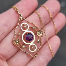 Load image into Gallery viewer, Antique 9ct Gold Amethyst &amp; Pearl Pendant with Chain in hand

