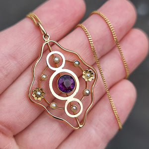 Antique 9ct Gold Amethyst & Pearl Pendant with Chain in hand