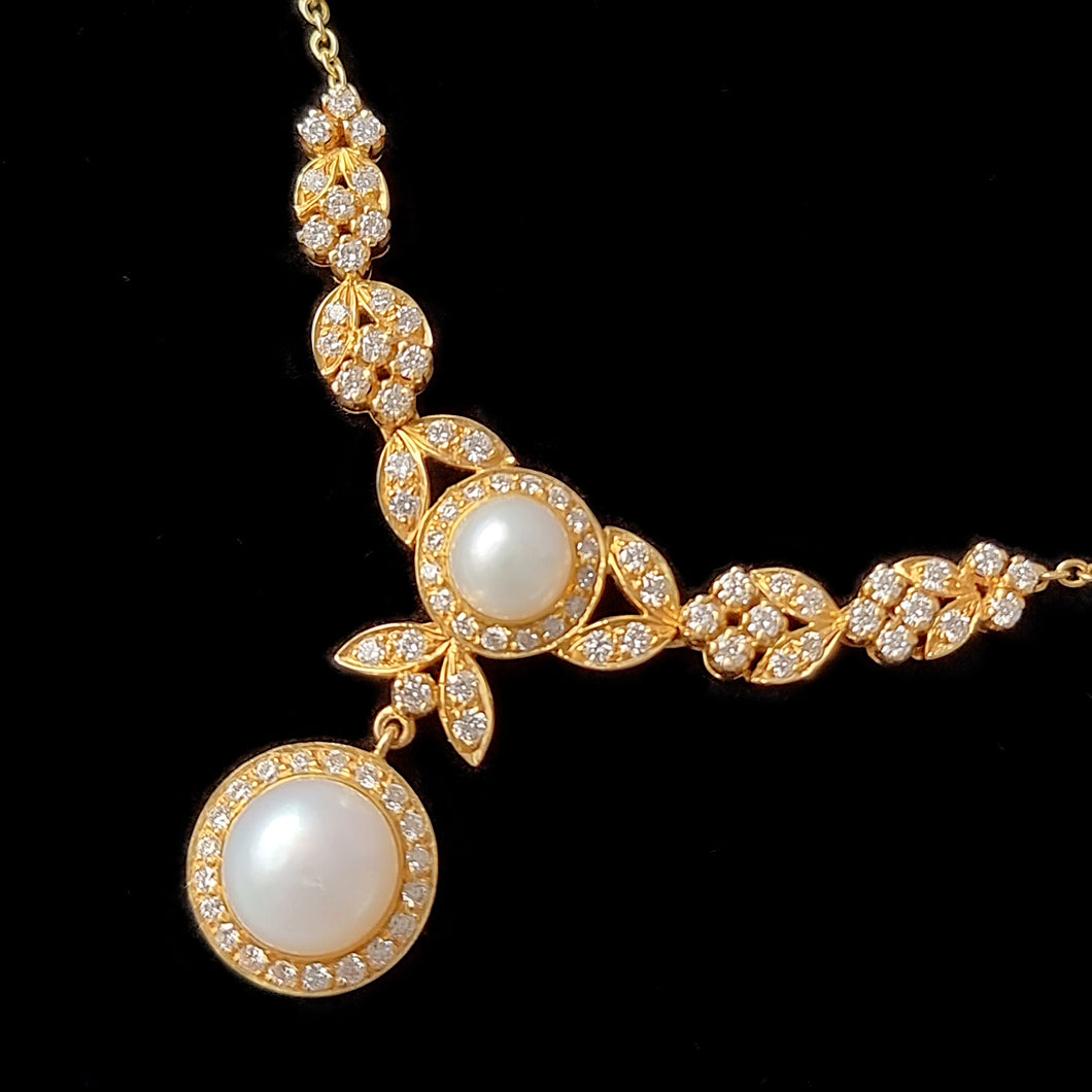 Vintage 18ct Gold Diamond & Pearl Necklet, 2.57ct
