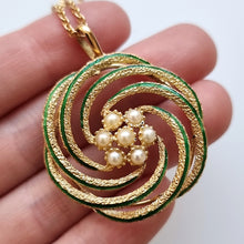 Load image into Gallery viewer, Vintage 18ct Gold Enamel &amp; Pearl Pendant Necklace in hand
