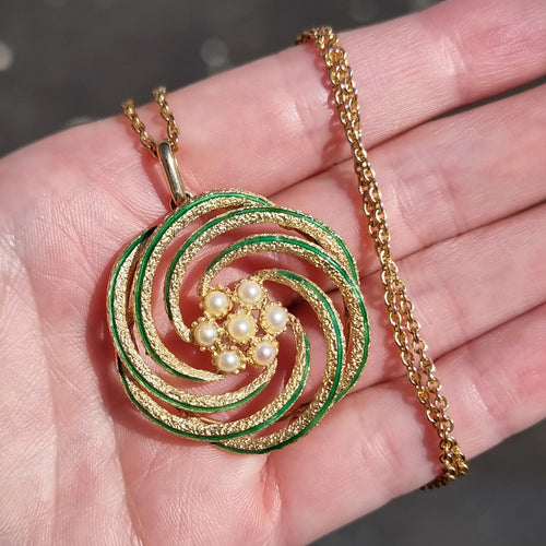 Vintage 18ct Gold Enamel & Pearl Pendant Necklace in hand