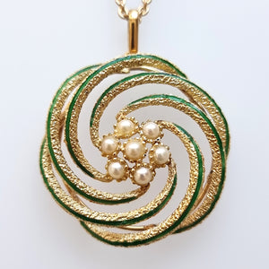 Vintage 18ct Gold Enamel & Pearl Pendant Necklace front