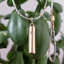 Load image into Gallery viewer, Vintage 9ct Gold Diamond Bar Pendant with 16&quot; Beaded Chain on plant

