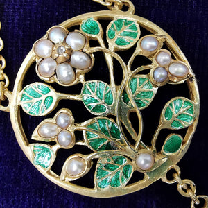 Vintage Silver Gilt Diamond, Pearl & Enamel Floral Necklace