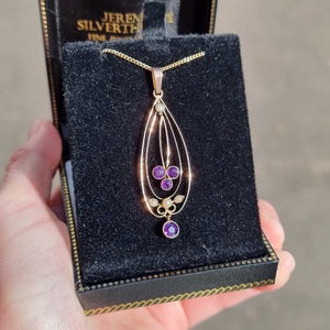 Edwardian 9ct Gold Amethyst & Seed Pearl Pendant