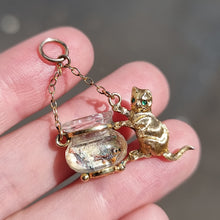 Load image into Gallery viewer, Vintage 9ct Gold Cat &amp; Fish Bowl Pendant in hand
